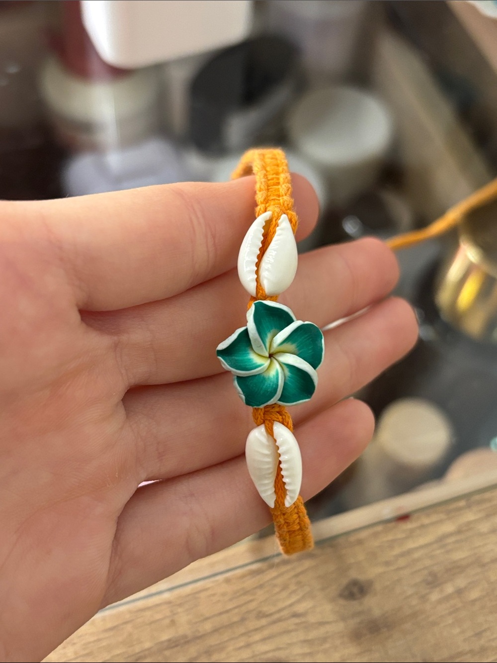 Handmade Yellow Macrame Shell Bracelet with Green Flower Charm